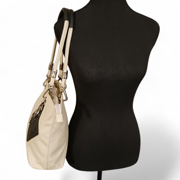 Cream Shoulder Carry-All Tote Bag with Contrast Black Accents, Silver Hardware - Picture 10 of 13